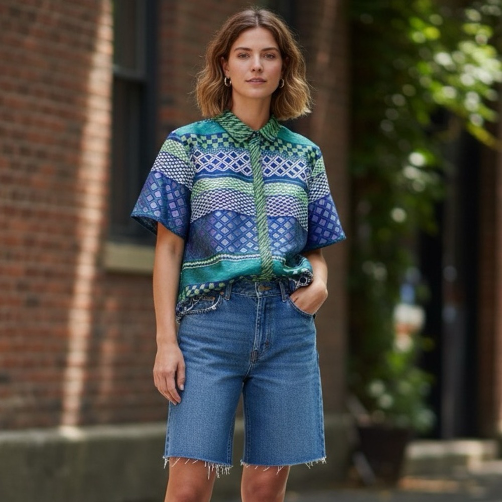 Topshop Box Fit Button Up Patterned Short Sleeve Shirt Size 2